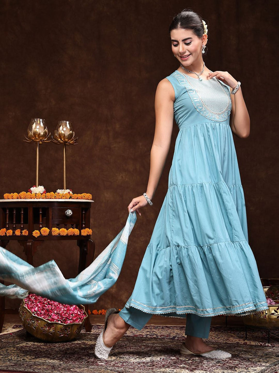 Blue & White Floral Yoke Design Pure Cotton Anarkali Kurta & Trousers With Dupatta