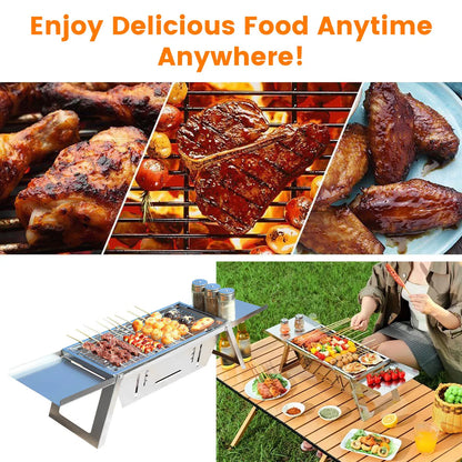 3-in-1 Foldable Charcoal Grill, Fire Pit & Slow Cooker – 201 Stainless Steel, 1472°F Rated for Camping & BBQ