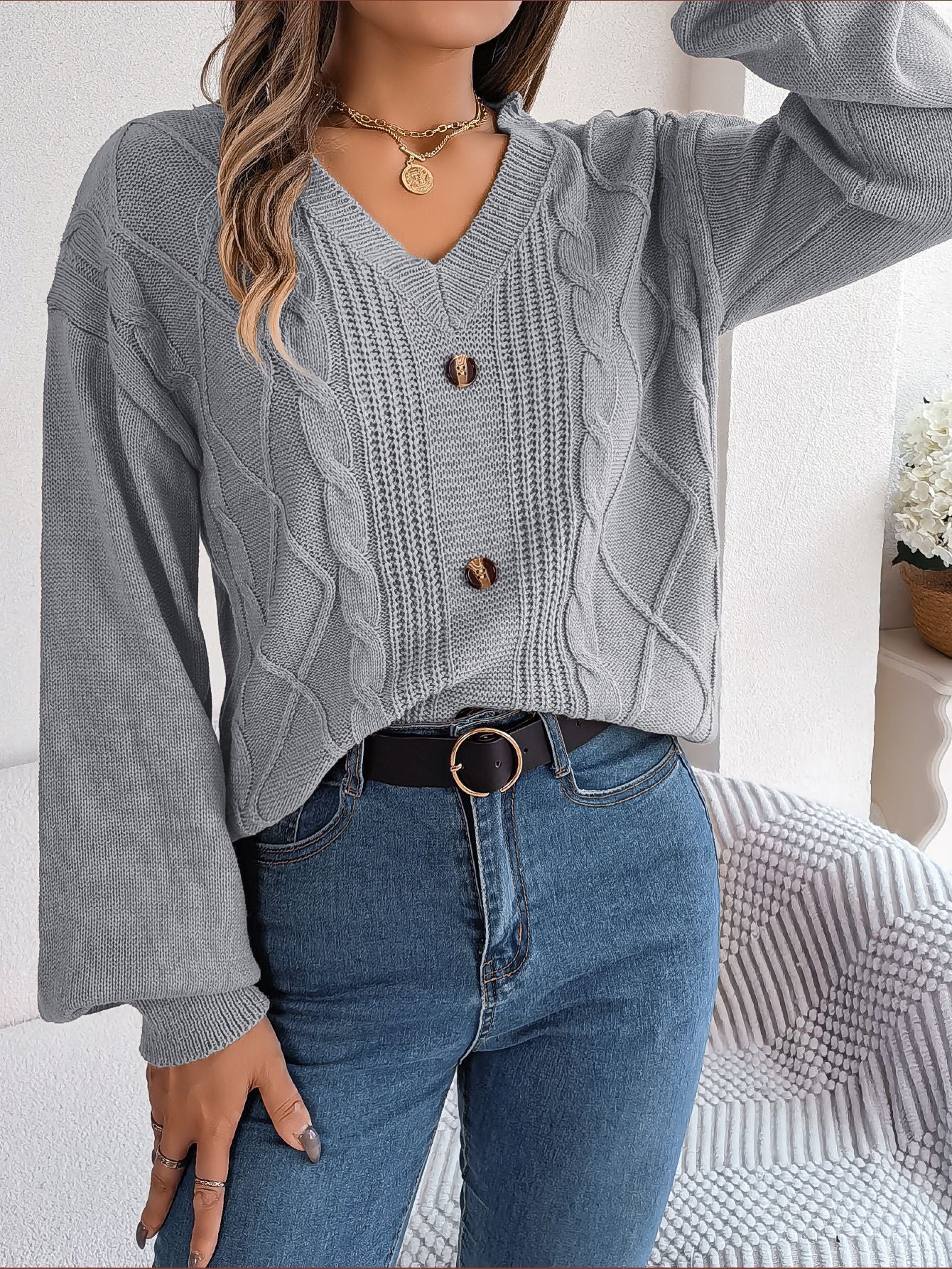 Women's V-Neck Cable-Knit Puff-Sleeve Pullover Sweater – 5 Colors