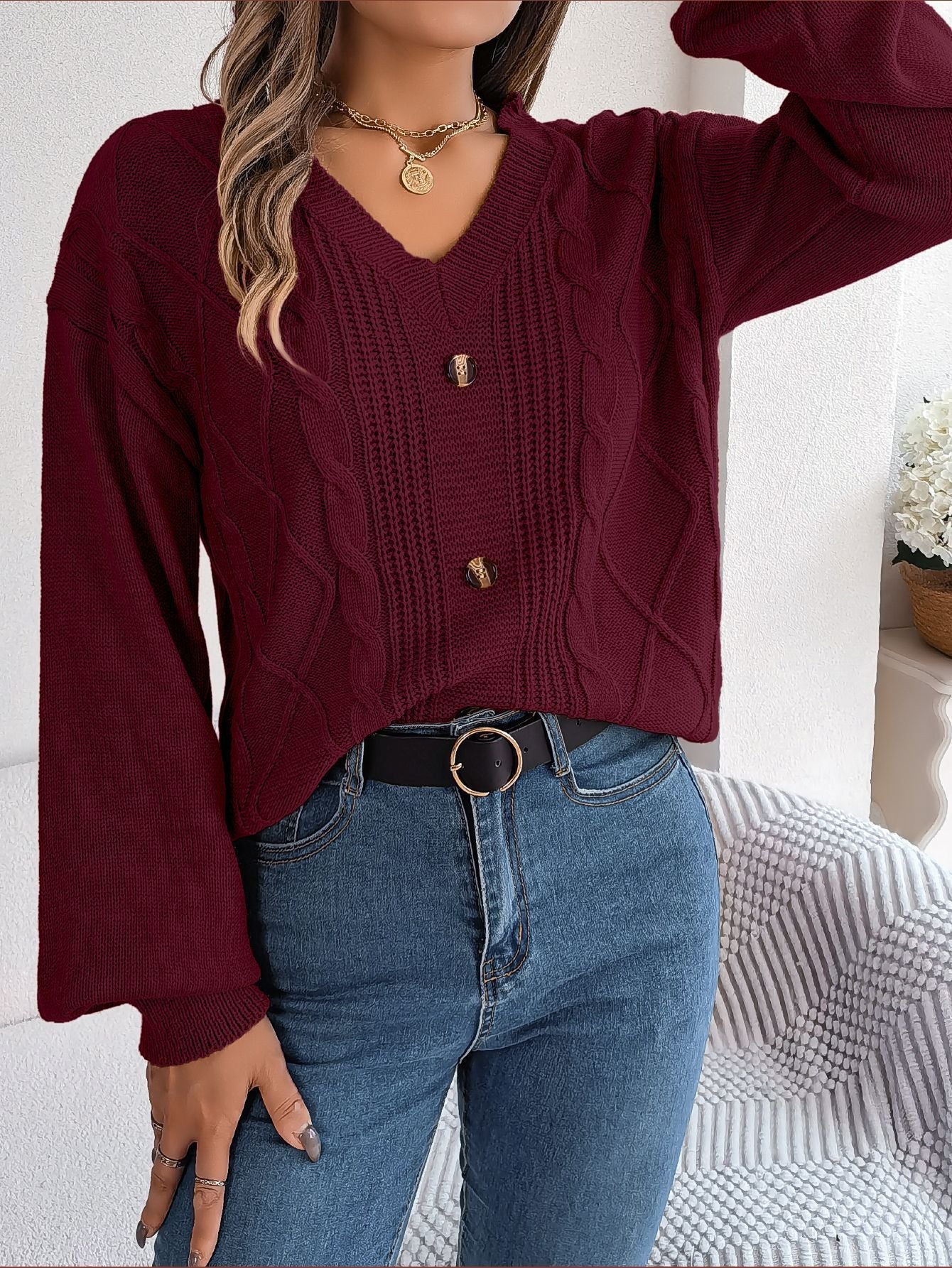 Women's V-Neck Cable-Knit Puff-Sleeve Pullover Sweater – 5 Colors