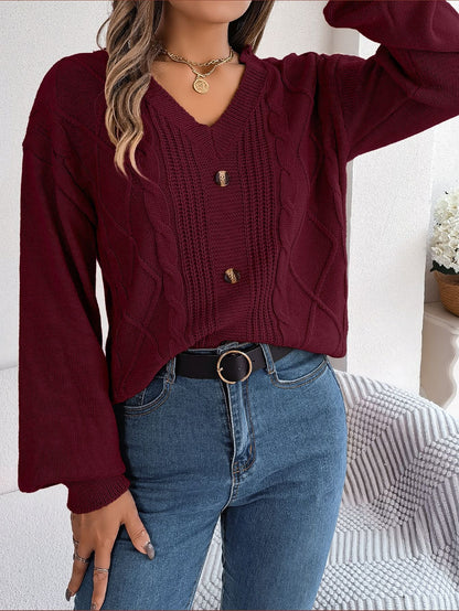 Women's V-Neck Cable-Knit Puff-Sleeve Pullover Sweater – 5 Colors