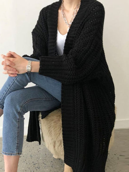 Women's Long Open-Front Knit Cardigan – Blue, Green & Black