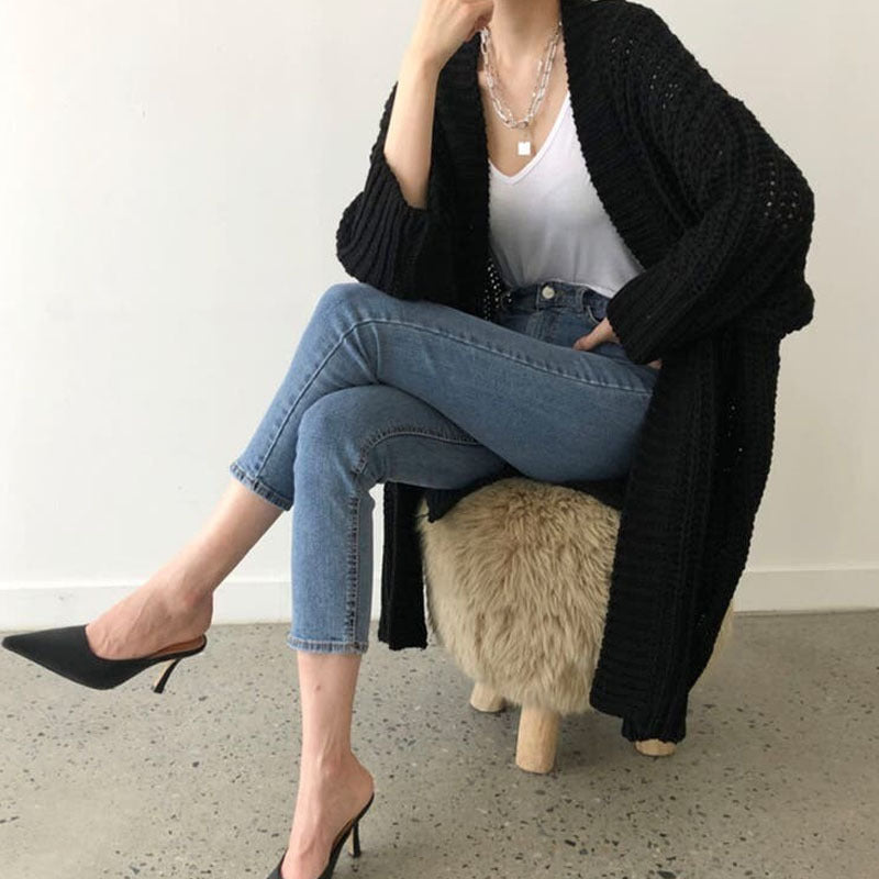 Women's Long Open-Front Knit Cardigan – Blue, Green & Black
