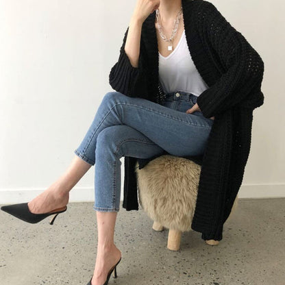 Women's Long Open-Front Knit Cardigan – Blue, Green & Black