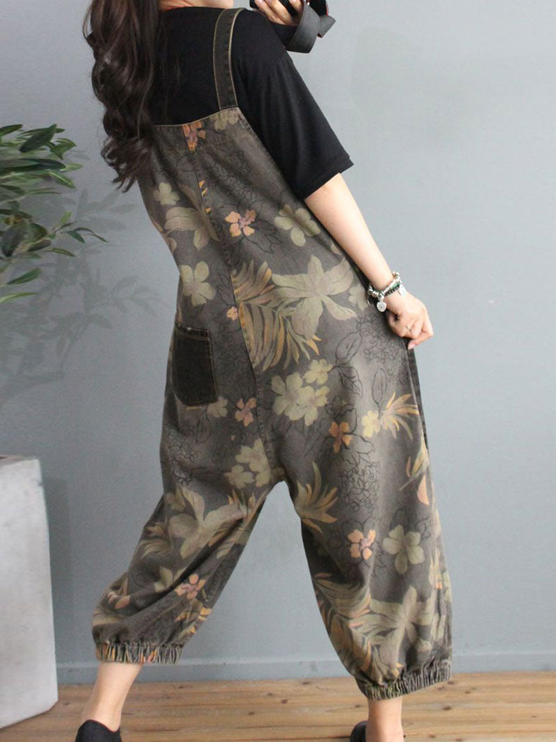Botanical Print Denim Dungarees - Gathered Cuff Fit