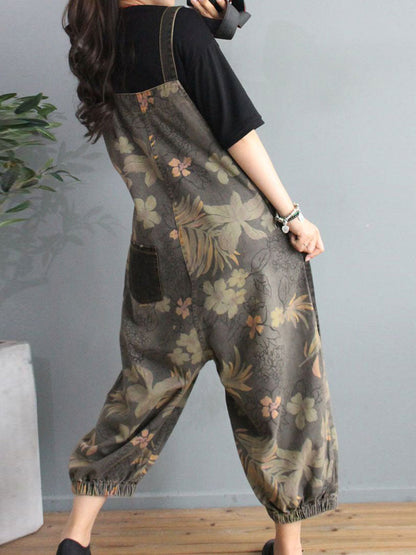 Botanical Print Denim Dungarees - Gathered Cuff Fit