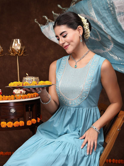 Blue & White Floral Yoke Design Pure Cotton Anarkali Kurta & Trousers With Dupatta