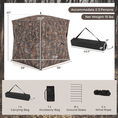 360° Pop-Up Hunting Blind – One-Way See-Through, 2-3 Person, Silent Windows