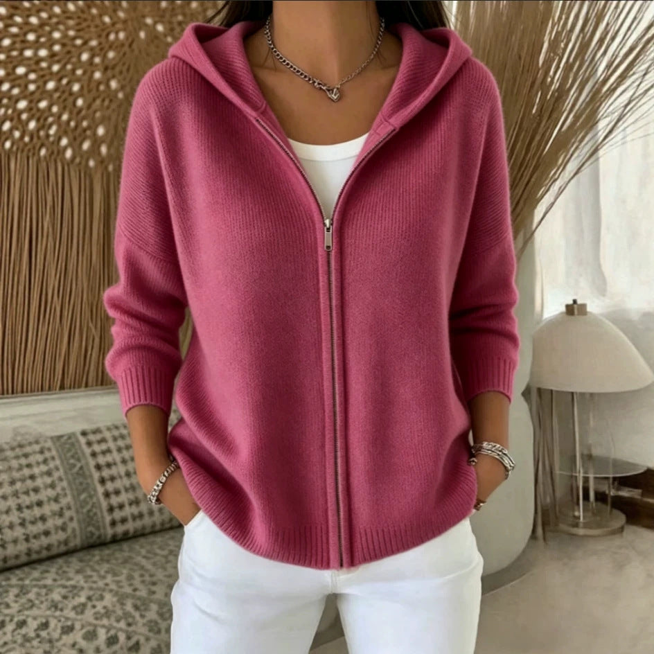 Women's Zip-Up Knitted Hooded Cardigan – Cozy Casual Sweater