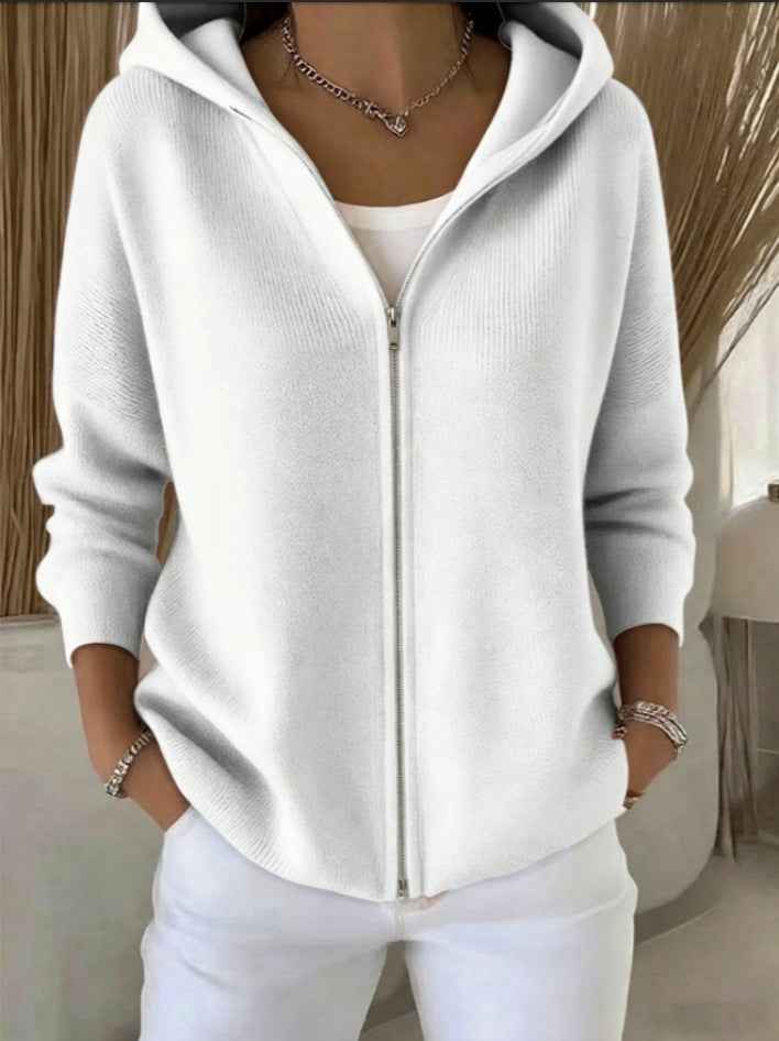 Women's Zip-Up Knitted Hooded Cardigan – Cozy Casual Sweater