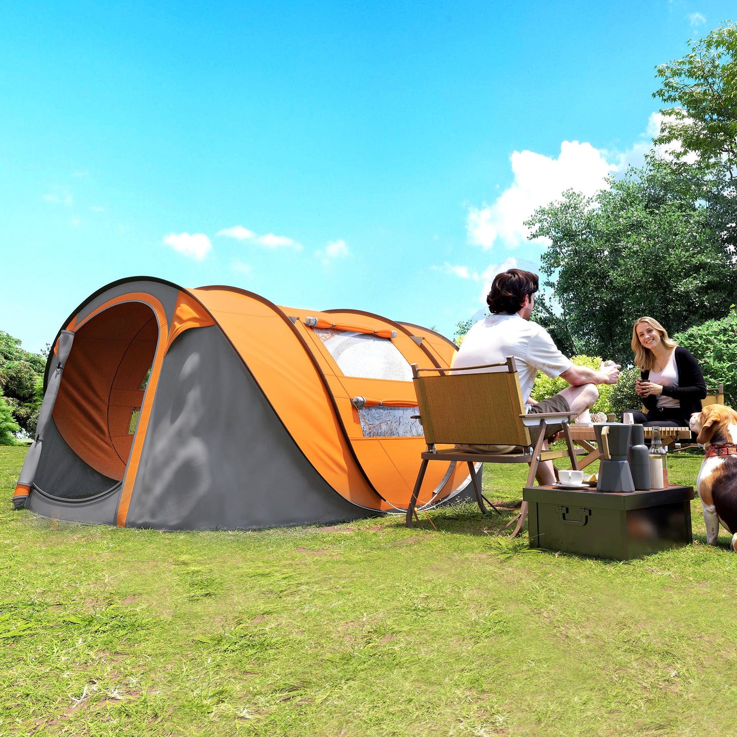 4-Person Pop-Up Camping Tent – Water-Resistant with Groundsheet, 4 Windows & Carry Bag | Orange