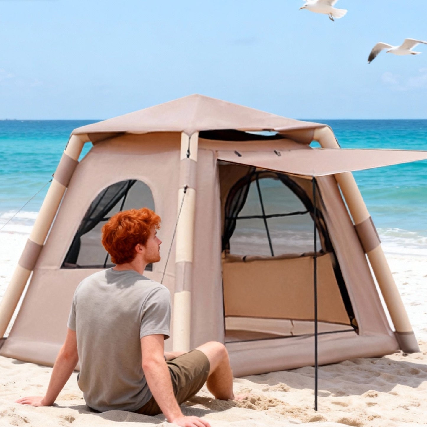 2–4 Person Quick-Inflate Camping Tent – Waterproof Oxford with Mesh Windows & Carry Bag | Khaki