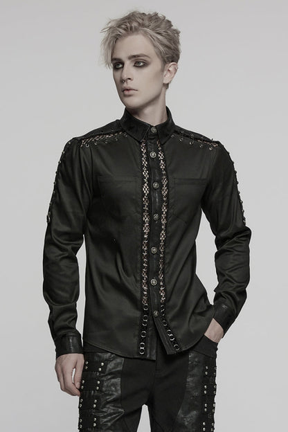 Black Lapel Collar Long Sleeves Stitching Pin Mesh Men's Punk Blouse