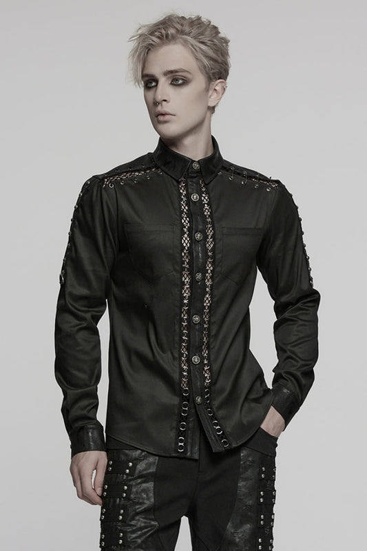 Black Lapel Collar Long Sleeves Stitching Pin Mesh Men's Punk Blouse
