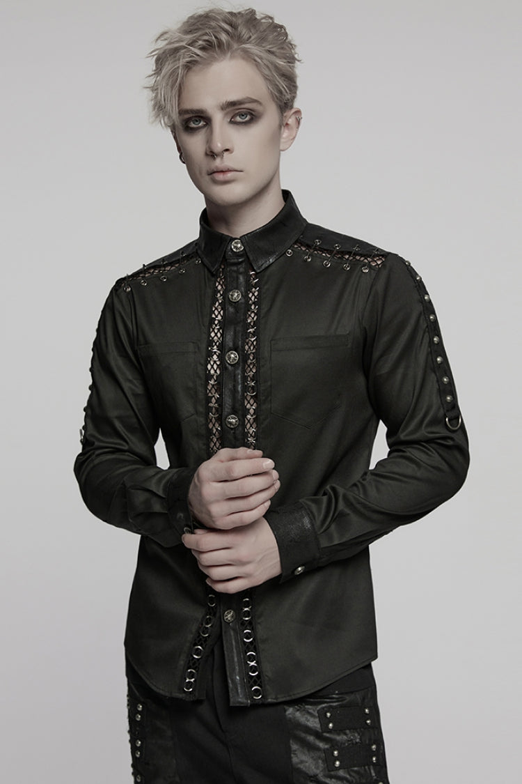 Black Lapel Collar Long Sleeves Stitching Pin Mesh Men's Punk Blouse