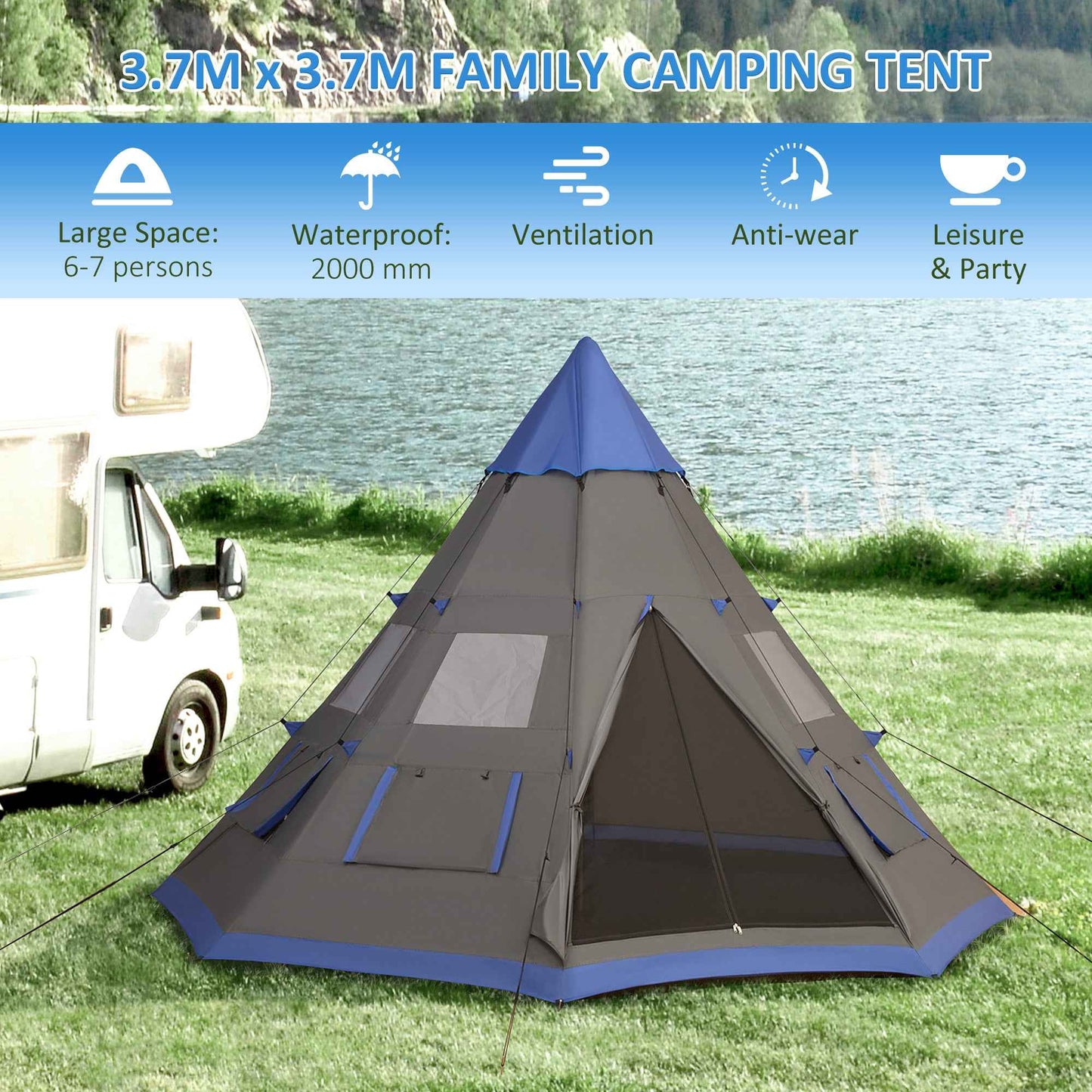 6–7 Person Teepee Camping Tent – 12ft Waterproof 3-Season Tent with 8 Mesh Windows