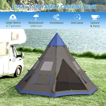 6–7 Person Teepee Camping Tent – 12ft Waterproof 3-Season Tent with 8 Mesh Windows