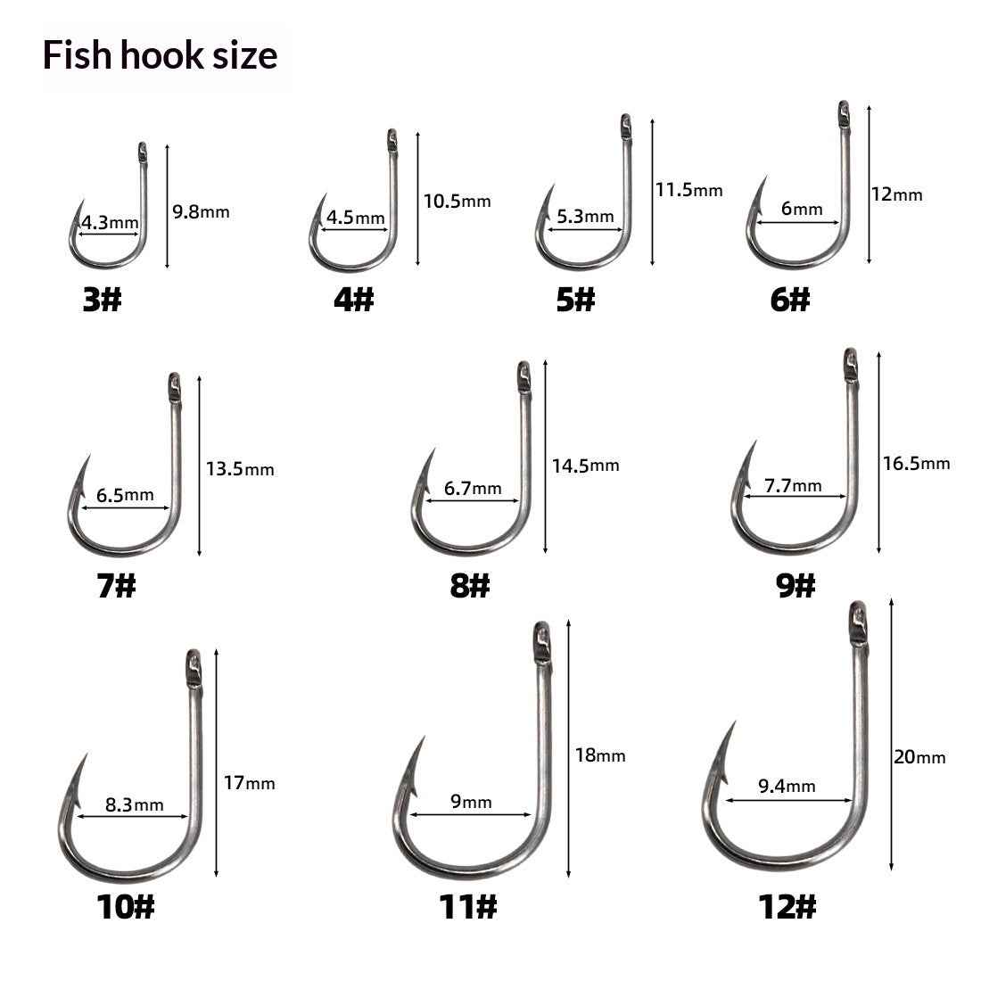 Alloy Fishhook Set with Eye – Sizes 3–12, Boxed (100 to 2000 Pieces)