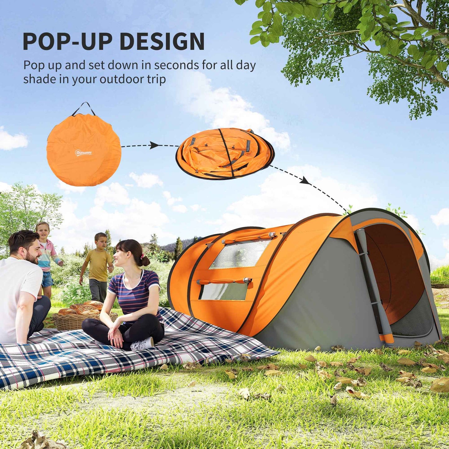 4-Person Pop-Up Camping Tent – Water-Resistant with Groundsheet, 4 Windows & Carry Bag | Orange