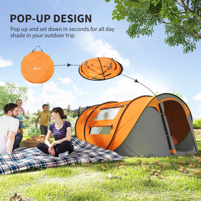 4-Person Pop-Up Camping Tent – Water-Resistant with Groundsheet, 4 Windows & Carry Bag | Orange