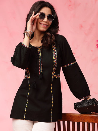Black Geometric Embroidered Tie Up Neck Pure Cotton Kurti