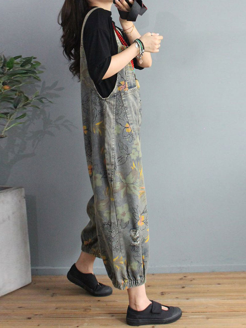 Botanical Print Denim Dungarees - Gathered Cuff Fit