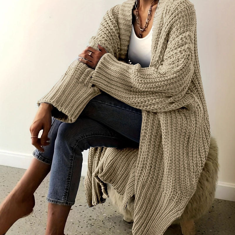 Women's Long Open-Front Knit Cardigan – Blue, Green & Black