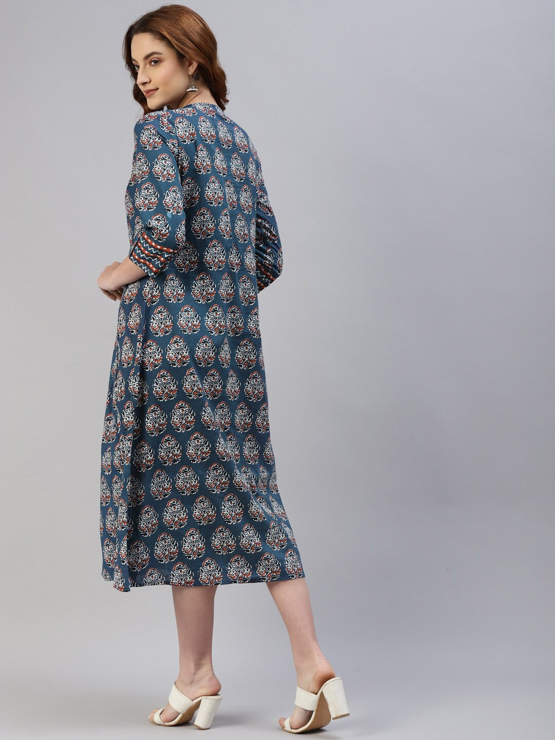 Blue Ethnic Motifs Ethnic A-Line Midi Dress