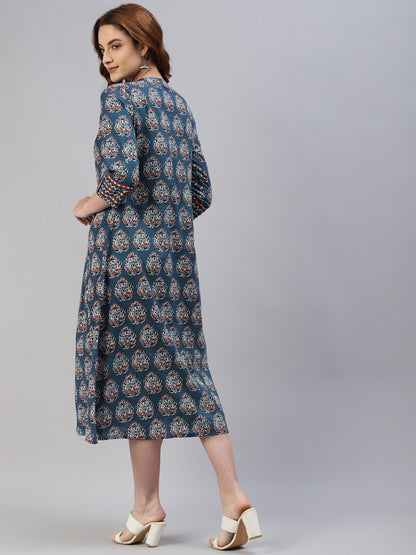 Blue Ethnic Motifs Ethnic A-Line Midi Dress