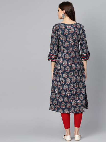 All-Over Ethnic Motif Print Pleated Kurta