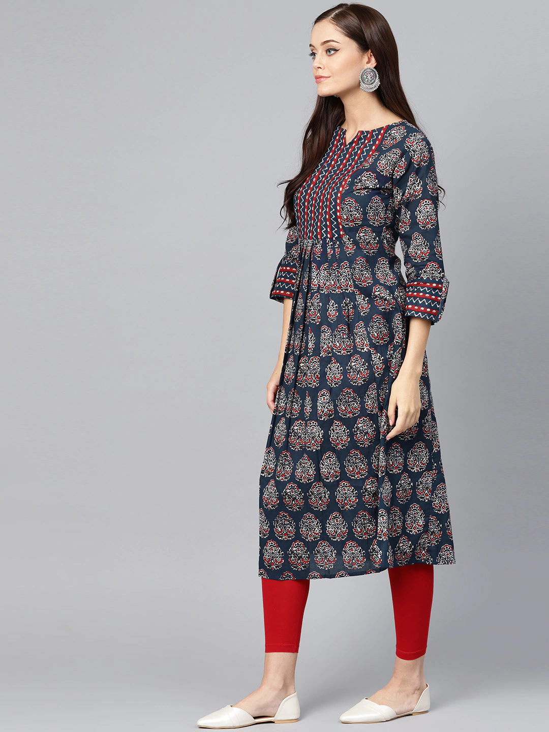 All-Over Ethnic Motif Print Pleated Kurta
