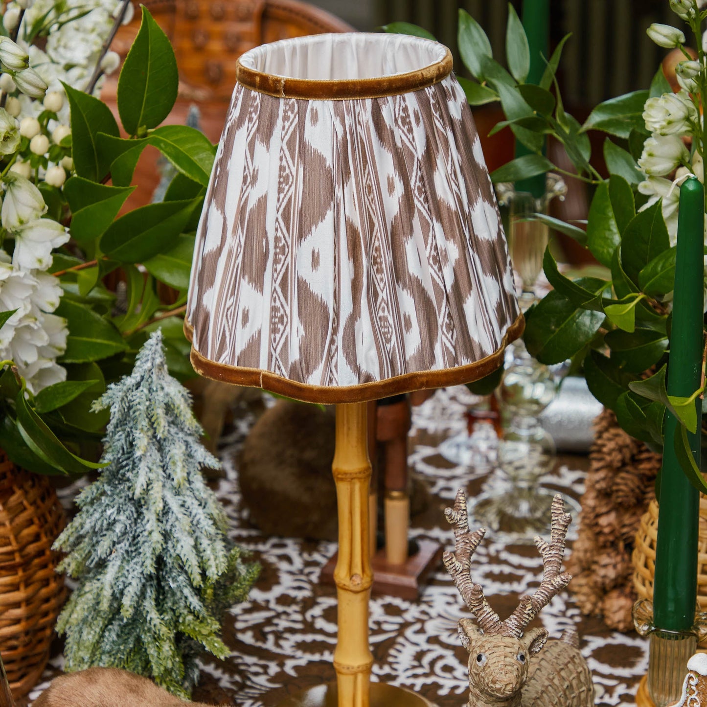 Bamboo Rechargeable Lamp with Chocolate Brown Ikat Shade (18cm)