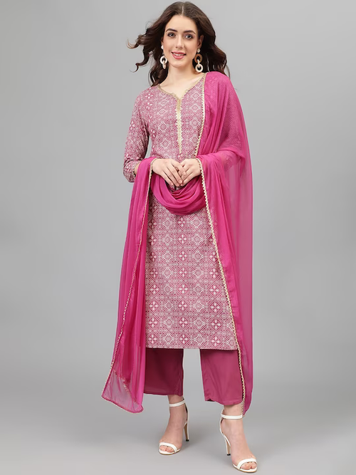 Bandhani Printed Kurta With Palazzos & Dupatta