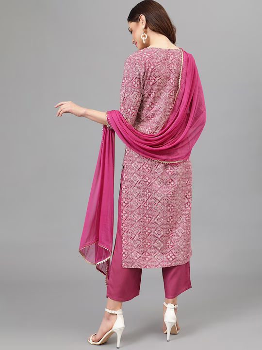 Bandhani Printed Kurta With Palazzos & Dupatta