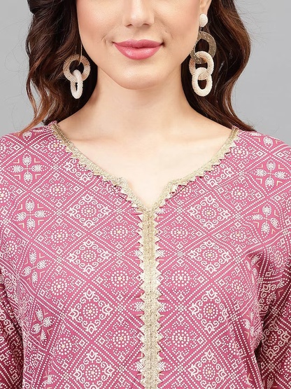 Bandhani Printed Kurta With Palazzos & Dupatta