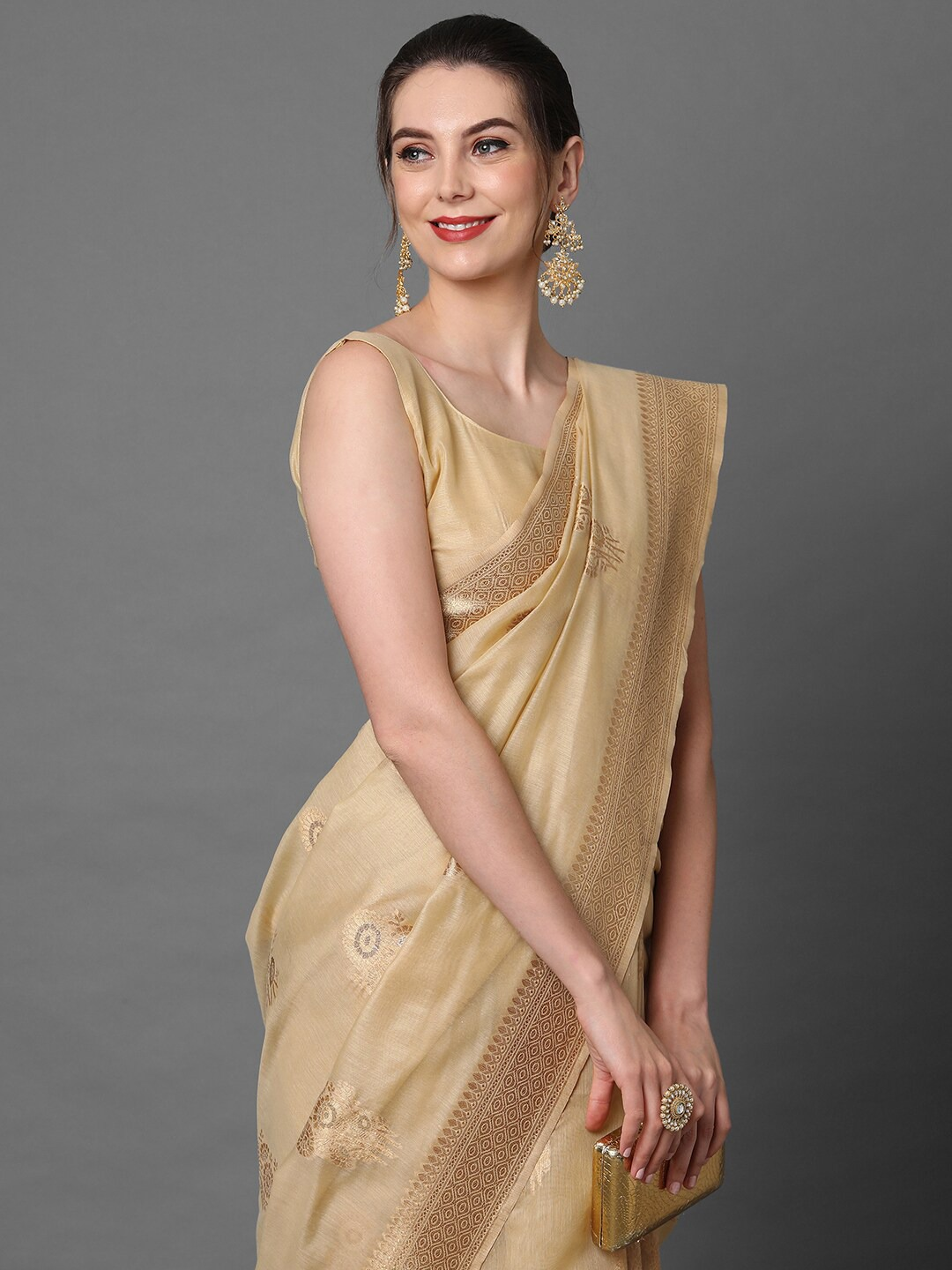 Beige & Gold-Coloured Ethnic Silk Blend Saree