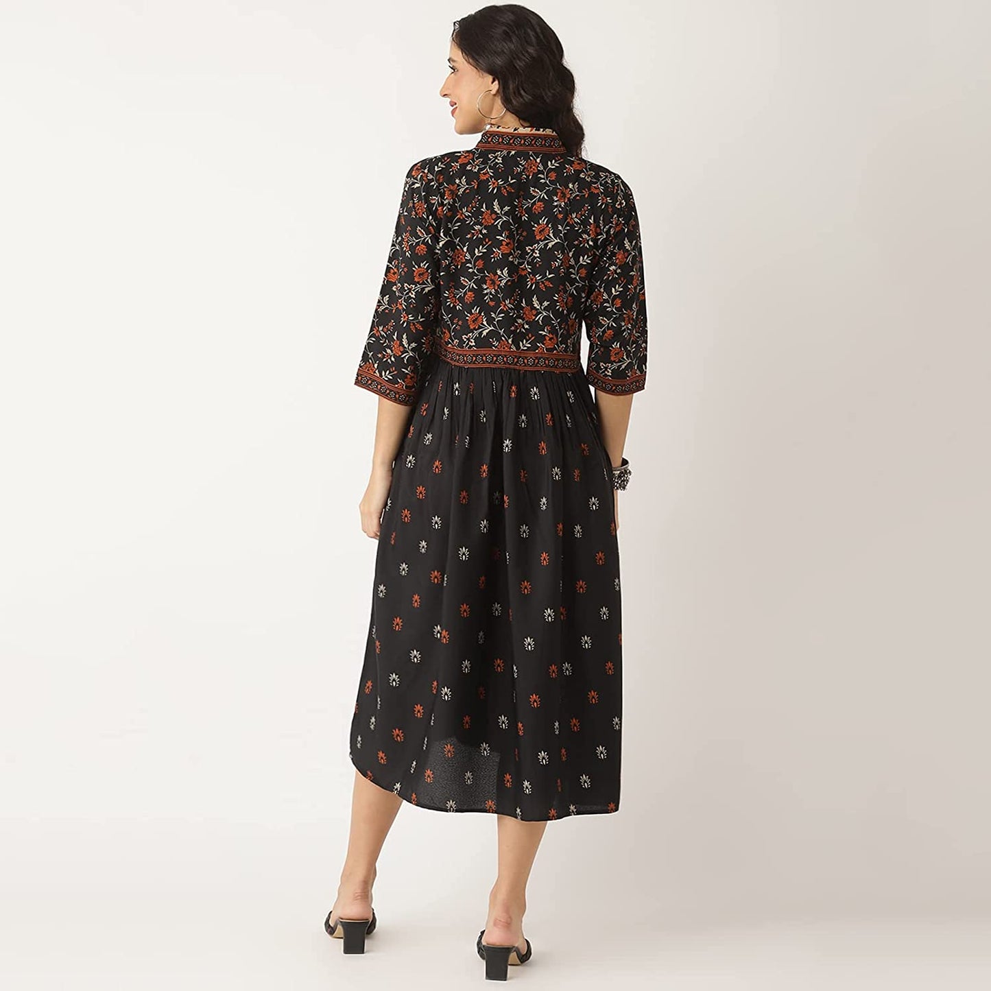 Black A-Line V-neck Printed Dress
