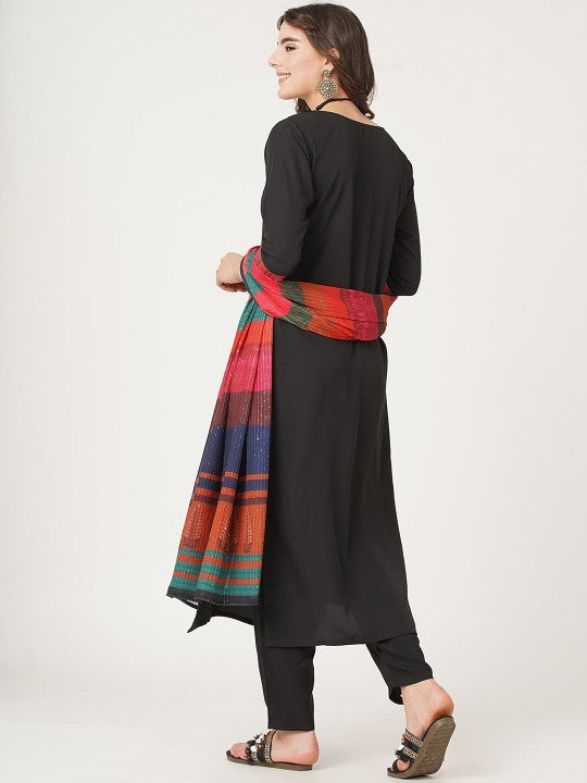 Black And Red Straight Kurta with Trousers & With Dupatta