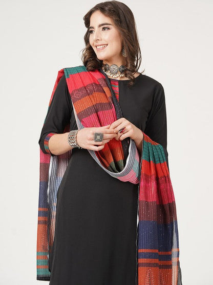 Black And Red Straight Kurta with Trousers & With Dupatta