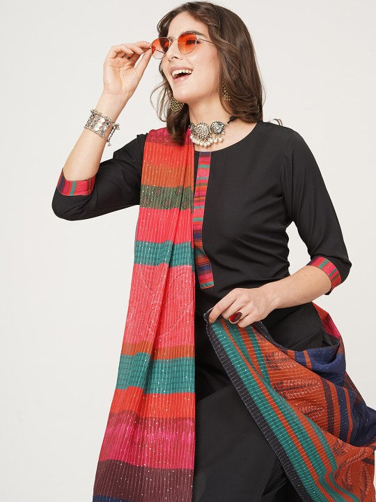 Black And Red Straight Kurta with Trousers & With Dupatta