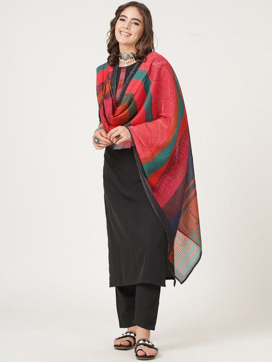 Black And Red Straight Kurta with Trousers & With Dupatta