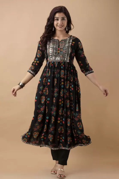 Black Cotton Rayon Embroidered Nyra-Cut Kurta set