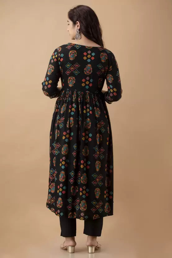 Black Cotton Rayon Embroidered Nyra-Cut Kurta set