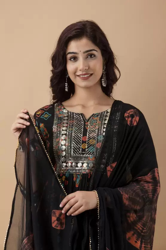 Black Cotton Rayon Embroidered Nyra-Cut Kurta set