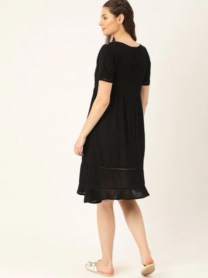 Black Embroidered Detail A-Line Dress
