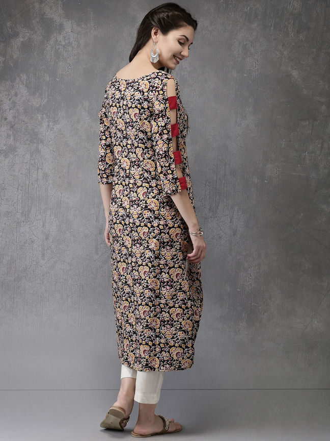 Black Floral Cotton Kurta With Cut Sleeves