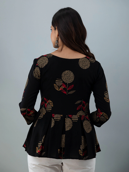 Black Floral Printed Peplum Top