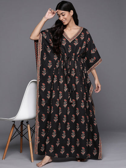 Black Printed Cotton Maxi Nightdress