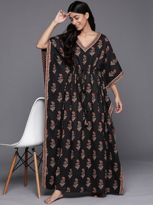 Black Printed Cotton Maxi Nightdress