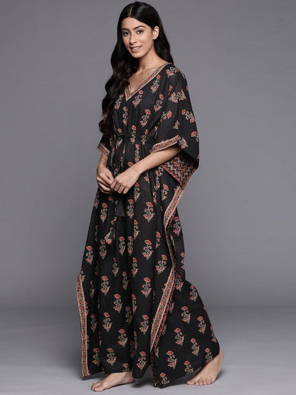 Black Printed Cotton Maxi Nightdress
